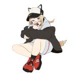  1girl animal_ears baseball_cap black_jacket blonde_hair blue_eyes brown_hair cap dog_ears dog_tail full_body hat highres hood hood_down hoodie jacket ken_sogen kmnz long_hair long_sleeves looking_at_viewer mc_lita red_footwear shoes simple_background sitting sneakers solo tail virtual_youtuber white_background 