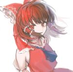  1girl ascot bangs bare_shoulders blue_ascot bow brown_hair collar collared_dress covering_mouth detached_sleeves dress eyebrows_visible_through_hair frills gradient gradient_hair hair_between_eyes hair_ornament hair_tubes hakurei_reimu long_sleeves looking_at_viewer multicolored_hair red_bow red_dress red_eyes redhead short_hair sidelocks simple_background solo t20210325 touhou upper_body white_background wide_sleeves 
