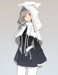  asymmetrical_hair balance_(superdust) black_dress brown_eyes brown_hair capelet cross-laced_clothes dress gradient gradient_background habit halo highres original short_hair solo white_capelet white_headwear wide_sleeves 