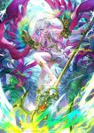  1boy :d bad_link barefoot blue_eyes bracelet company_name electricity heterochromia holding_polearm ibara_riato jewelry male_focus navel official_art open_mouth outdoors pink_eyes silver_hair smile thighlet wings z/x 