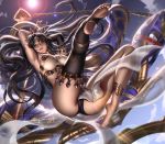 1girl anklet armlet ass asymmetrical_sleeves bangs bare_shoulders black_hair breasts bridal_gauntlets commentary crown detached_collar earrings elbow_gloves fate/grand_order fate_(series) flying full_body gloves hair_ribbon heavenly_boat_maanna highres hoop_earrings ishtar_(fate)_(all) ishtar_(fate/grand_order) jewelry liang_xing long_hair looking_at_viewer medium_breasts navel neck_ring outdoors parted_bangs pelvic_curtain red_eyes ribbon signature single_elbow_glove single_thighhigh smile solo sun thigh-highs toeless_legwear two_side_up very_long_hair weapon 
