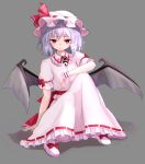  1girl absurdres arm_on_knee bat_wings blush bow collar dress grey_background hat highres kamome_donburi looking_at_viewer pink_dress pink_footwear pink_headwear purple_hair red_bow red_eyes remilia_scarlet sash shadow shoes short_hair sitting touhou wings 