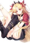  1girl absurdres asymmetrical_legwear asymmetrical_sleeves bangs between_breasts black_legwear blonde_hair blush bow breasts cape detached_collar dress earrings ereshkigal_(fate/grand_order) fate/grand_order fate_(series) feet hair_bow highres hoop_earrings infinity jewelry kina leaning_back legs_up long_hair long_sleeves looking_at_viewer medium_breasts multicolored multicolored_cape multicolored_clothes necklace parted_bangs red_bow red_cape red_dress red_eyes short_dress simple_background single_sleeve single_thighhigh sitting skull solo spine thigh-highs tiara two_side_up white_background yellow_cape 