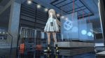  1girl bangs bike_shorts brown_eyes brown_hair cancell clothes_rack coat english_text high_collar highres indoors legs_apart long_hair looking_at_viewer original reflection science_fiction shoes sneakers solo standing 