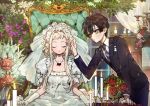  1boy 1girl black_hair blonde_hair bridal_veil candle candlestand commentary dress flower gloves han_jiu_(456116642) hanako_(jibaku_shounen_hanako-kun) jewelry jibaku_shounen_hanako-kun long_hair magatama_necklace necklace orange_eyes rose sitting veil wedding_dress white_dress white_gloves yashiro_nene 