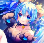  1girl :3 bell bell_collar black_dress blue_eyes blue_hair close-up collar collarbone commentary_request dress gloves hatsune_miku highres knees_up lens_flare light_particles long_hair looking_at_viewer paw_gloves paw_pose paws refraction shirayuki_towa smile solo symbol_in_eye twintails vocaloid 