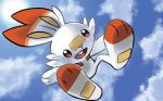  :d ariga_hitoshi blue_sky clouds cloudy_sky creature day full_body gen_8_pokemon happy no_humans official_art open_mouth outdoors pokemon pokemon_(creature) pokemon_trading_card_game rabbit scorbunny sky smile solo 