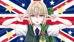  1girl blonde_hair blue_neckwear bow braid braided_bun buttons commentary_request double_v emotional_engine_-_full_drive emphasis_lines eyebrows_visible_through_hair fate/grand_order fate_(series) flag_background green_vest hair_bow kantai_collection necktie open_mouth parody perth_(kantai_collection) shirt short_hair short_sleeves solo star tk8d32 union_jack upper_body v vest violet_eyes white_shirt 
