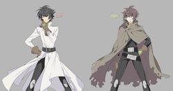  ... 2boys ahoge belt black_hair brown_hair cape cloak coat cosplay costume_switch gloves hand_on_hip jacket kaidou_ken knee_pads looking_at_another magami_ryou male_focus mazinkaiser_skl multiple_boys noki_(affabile) pants short_hair spiky_hair standing thick_eyebrows thinking torn_cape torn_clothes white_coat 