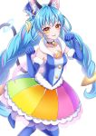  1girl :p animal_ear_fluff animal_ears black_choker blue_gloves blue_hair blue_headwear blue_legwear braid brooch cat_ears cat_tail choker collarbone cure_cosmo elbow_gloves eyebrows_visible_through_hair gloves hat highres jewelry long_hair looking_at_viewer magical_girl mini_hat multicolored multicolored_clothes multicolored_skirt namin_(namin1317) paw_pose pointy_ears precure simple_background skirt smile solo standing standing_on_one_leg star_twinkle_precure tail tongue tongue_out twin_braids twintails white_background yellow_eyes yuni_(precure) 