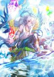  1boy barefoot blue_eyes blue_ribbon blue_wings bracelet company_name crown crystal day heterochromia ibara_riato jewelry male_focus official_art outdoors red_eyes ribbon sitting water watermark white_hair wings z/x 