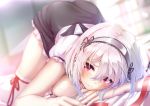  1girl azur_lane bangs blurry blurry_background blush breasts choker collarbone dress hair_between_eyes imo_bouya indoors lace-trimmed_hairband large_breasts looking_at_viewer on_bed puffy_sleeves red_eyes short_hair short_sleeves sirius_(azur_lane) solo sweatdrop thigh-highs thighs top-down_bottom-up white_hair white_legwear 