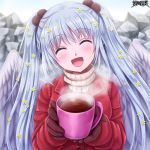  1girl :d angel_wings blue_hair blush brown_gloves closed_eyes coat coffee commission dairoku_youhei day facing_viewer gloves hair_bobbles hair_ornament hatejima_raichi long_hair looking_at_viewer open_mouth outdoors red_coat smile solo steam sweater turtleneck turtleneck_sweater twintails upper_body white_wings wings 
