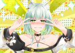  1girl absurdres animal_ear_fluff animal_ears arknights bangs bare_shoulders blush cat_ears closed_mouth collar collarbone double_v emotional_engine_-_full_drive english_commentary eyebrows_visible_through_hair green_eyes green_hair highres kal&#039;tsit looking_at_viewer masabodo polka_dot polka_dot_background short_hair solo upper_body v 