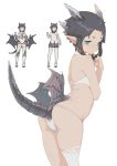  1girl armor atk7 back bare_shoulders black_hair black_nails bow closed_mouth dragon_girl dragon_tail dragon_wings fingernails greaves green_eyes hair_bow hair_ribbon highres horns low_wings medium_hair mini_wings original pointy_ears red_ribbon ribbon short_eyebrows simple_background solo standing tail thigh-highs white_background white_bow white_legwear wings 