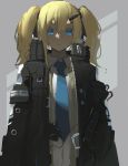 asteroid_ill blonde_hair blue_eyes coat cornea_(asteroid_ill) highres long_hair looking_at_viewer neon_trim number original serious shaded_face shirt standing twintails white_shirt wire 