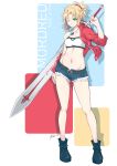  1girl belt boots braid breasts brown_belt character_name cutoffs fate/apocrypha fate/grand_order fate_(series) french_braid green_eyes hair_ornament hair_scrunchie highres holding holding_sword holding_weapon jacket jewelry kizuchi_r micro_shorts mordred_(fate) mordred_(fate)_(all) navel necklace one_eye_closed ponytail red_jacket red_scrunchie scrunchie shorts signature simple_background small_breasts smile solo sword weapon white_bikini_top 