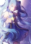  1girl 2017 absurdres aqua_eyes aqua_hair bare_shoulders blue_dress blue_ribbon blue_sleeves character_name commentary constellation constellation_print cowboy_shot detached_sleeves dress hair_ornament hair_ribbon hand_in_hair hand_up hatsune_miku highres horrororange918 long_hair looking_at_viewer neck_ribbon ribbon smile snowflake_print solo star star_hair_ornament star_in_eye star_print striped striped_ribbon symbol_in_eye twintails very_long_hair vocaloid wide_sleeves yuki_miku yuki_miku_(2017) 