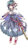  1girl :o bad_proportions blue_dress bow breasts cape capelet crescent crescent_hair_ornament dress hair_ornament hair_ribbon hitsuji_chronicle looking_at_viewer medium_breasts official_art pandora_(hitsuji_chronicle) pink_footwear ribbon sheath sheathed short_hair socks solo standing sword transparent_background violet_eyes weapon white_capelet wide_sleeves 