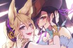  2girls :d bangs bare_arms bare_shoulders black_hair black_wings blonde_hair blue_shirt blush bracelet brown_headwear commentary_request cowboy_hat earmuffs eyebrows_visible_through_hair feathered_wings grin hair_between_eyes hair_over_one_eye hair_ribbon hand_up hat jewelry kurokoma_saki looking_at_viewer multiple_girls off-shoulder_shirt off_shoulder open_mouth pink_lips pointy_hair purple_ribbon red_eyes ribbon shirt short_hair short_sleeves simple_background smile syuri22 teeth_hold touhou toyosatomimi_no_miko upper_body white_background wings yellow_eyes yuri 