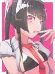  1girl bangs black_bikini_top black_hair blunt_bangs fingernails hair_ribbon long_hair looking_at_viewer necktie open_clothes open_mouth open_shirt red_eyes redb ribbon senki_zesshou_symphogear short_sleeves sidelocks solo tsukuyomi_shirabe twintails upper_body 