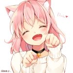  1girl animal_ears bell bell_collar blush cat_ears closed_eyes collar fang hazuki_natsu open_mouth original paw_pose pink_hair simple_background solo sweater white_background 