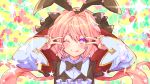  1boy astolfo_(fate) astolfo_(saber)_(fate) bangs black_bow black_dress black_neckwear black_ribbon blush bow bowtie closed_mouth double_v dress emotional_engine_-_full_drive fate/grand_order fate_(series) floral_background green_background hair_between_eyes hair_bow hair_intakes hair_ribbon hands_up highres ittokyu long_hair long_sleeves looking_at_viewer low_twintails multicolored_hair one_eye_closed otoko_no_ko parody pink_hair ribbon smile solo sparkle star streaked_hair striped striped_background tongue tongue_out twintails v violet_eyes white_hair wide_sleeves wing_collar yellow_background 