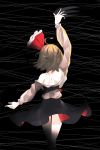  1girl arm_at_side arm_up ass black_background black_skirt blonde_hair buttons dress from_behind hair_ornament hair_ribbon highres loli long_sleeves looking_away o_(crazyoton46) red_ribbon ribbon rumia shadow short_hair silhouette simple_background skirt touhou 