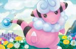  black_eyes blue_sky claws clouds cloudy_sky creature dandelion day flaaffy flower full_body gen_2_pokemon looking_at_viewer no_humans official_art pokemon pokemon_(creature) pokemon_trading_card_game shibuzoh sky solo standing standing_on_one_leg wind 