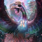  bird blue_sky claws closed_eyes commentary creature day english_commentary flareon floating flying gen_1_pokemon gen_2_pokemon ho-oh jolteon legendary_pokemon no_humans pokemon pokemon_(creature) realistic sky tower vaporeon 