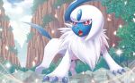  absol blue_sky bush claws clouds cloudy_sky creature day fangs full_body gen_3_pokemon grass legs_apart mizue mountain no_humans official_art open_mouth outdoors pokemon pokemon_(creature) pokemon_trading_card_game red_eyes sky solo standing 