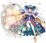  1girl blue_dress blue_ribbon cape crescent crescent_hair_ornament dress full_body green_hair hair_ornament hitsuji_chronicle holding holding_sword holding_weapon looking_at_viewer magic_circle navel official_art pandora_(hitsuji_chronicle) ribbon sheath short_hair smile solo standing standing_on_one_leg star sword thigh-highs transparent_background weapon white_legwear yellow_cape 