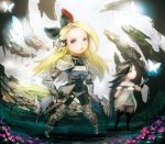  2girls agnes_oblige armor black_hair blonde_hair blue_eyes bodystocking bow bravely_default:_flying_fairy bravely_default_(series) breasts bug butterfly dress edea_lee gloves hair_bow insect long_hair looking_at_viewer miyamoto_(krmc) multiple_girls open_mouth thigh-highs 