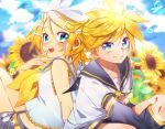  1boy 1girl bangs bare_shoulders bass_clef black_collar black_shorts blonde_hair blue_eyes bow bubble clouds cloudy_sky collar commentary crop_top day detached_sleeves field flower flower_field grey_shorts hair_bow hair_ornament hairclip hand_to_own_mouth kagamine_len kagamine_rin knees_up leg_warmers looking_at_viewer nail_polish neckerchief necktie nyaumineko open_mouth outdoors sailor_collar school_uniform shirt short_hair short_ponytail short_shorts short_sleeves shorts sitting sky smile spiky_hair sunflower swept_bangs vocaloid white_bow white_shirt yellow_nails yellow_neckwear 