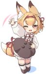  1girl ;d animal_ear_fluff animal_ears bangs beat_saber blush brown_dress brown_eyes brown_footwear brown_hair chibi collared_shirt colored_shadow dress eyebrows_visible_through_hair fang fox_ears fox_girl fox_tail gudon_(iukhzl) kneehighs koume_(beat_saber) long_sleeves looking_at_viewer neck_ribbon one_eye_closed open_mouth outstretched_arm puffy_long_sleeves puffy_sleeves red_ribbon ribbon shadow shirt shoes sleeveless sleeveless_dress smile solo standing star star_in_eye symbol_in_eye tail white_background white_legwear white_shirt 