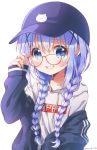  1girl adjusting_eyewear alternate_costume alternate_hairstyle artist_name bespectacled black_headwear blue_eyes blue_hair blush braid eyebrows_visible_through_hair glasses gochuumon_wa_usagi_desu_ka? grin hair_ornament hat hood hoodie jewelry kafuu_chino long_hair long_sleeves looking_at_viewer mozukun43 parted_lips red-framed_eyewear ring smile solo teeth tippy_(gochiusa) twin_braids twitter_username x_hair_ornament 