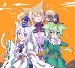  3girls animal_ears aqua_eyes bangs bare_shoulders belt black_bow black_headwear black_neckwear blue_headwear blush bow cat_ears cat_paws cat_tail collar crescent_moon dress earmuffs eyebrows_visible_through_hair gloves green_bow green_dress green_hair grey_eyes grey_hair hands_up hat japanese_clothes kariginu long_sleeves mononobe_no_futo moon multiple_girls ofuda ofuda_on_clothes orange_background paws pointy_hair pom_pom_(clothes) ponytail purple_neckwear purple_skirt red_bow shirt shy silver_hair skirt sleeveless sleeveless_shirt smile soga_no_tojiko sweatdrop tail tate_eboshi touhou toyosatomimi_no_miko white_bow wide_sleeves yukimiya_(parupunta) 