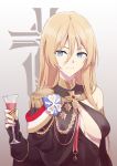  1girl alcohol azur_lane bismarck_(azur_lane) blonde_hair blue_eyes breasts cross cross_necklace dress highres jewelry light_blue_eyes long_hair necklace simple_background smile solo suprii tagme wine 
