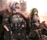  2girls blue_hair city girls_frontline gloves green_hair gun hairband handgun highres j2m_raiden long_hair looking_away m950a_(girls_frontline) military military_uniform multiple_girls pistol raiden red_eyes tagme testame thunder_(girls_frontline) uniform weapon yellow_eyes 