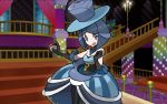  1girl battle_chatelaine_(pokemon) blue_dress blue_headwear blue_theme dress feet_out_of_frame hat indoors lesoir_(pokemon) looking_at_viewer mizutani_megumi official_art pokemon pokemon_trading_card_game solo stairs standing top_hat 