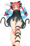  1girl animal_ears black_bow black_legwear black_ribbon blue_fire bongnom bow braid cat_ears cat_tail crossover dress eyebrows_visible_through_hair fire from_below green_bow green_dress green_ribbon hair_bow heart highres hitodama juliet_sleeves kaenbyou_rin leg_ribbon long_hair long_sleeves looking_at_viewer multiple_tails nekomata panties pantyshot pantyshot_(standing) papyrus_(undertale) puffy_sleeves red_eyes redhead ribbon sans short_eyebrows skull standing tail touhou twin_braids two_tails undertale underwear 