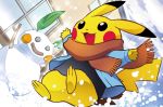  :d ariga_hitoshi blue_sky brown_scarf clothed_pokemon clouds cloudy_sky creature day full_body gen_1_pokemon happy jumping long_sleeves no_humans official_art open_mouth outdoors pikachu pokemon pokemon_(creature) pokemon_trading_card_game scarf sky smile snow snow_sculpture solo winter_clothes 