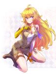  1girl amputee bare_shoulders belt blonde_hair breasts collarbone gloves highres iesupa long_hair mechanical_arm prosthesis prosthetic_arm rwby single_glove solo violet_eyes wavy_hair yang_xiao_long 