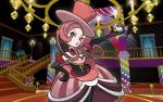  1girl battle_chatelaine_(pokemon) feet_out_of_frame indoors lajournee_(pokemon) looking_at_viewer mizutani_megumi official_art pokemon pokemon_trading_card_game red_theme solo stairs standing 