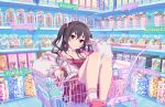  alternate_costume alternate_hairstyle brown_eyes brown_hair candy chocolate choker dress earrings food idolmaster idolmaster_cinderella_girls jacket jewelry long_haise looking_at_viewer nail_polish official_art plaid ring shopping_cart smile sunazuka_akira twintails 