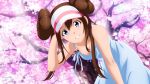  1girl armpits bare_arms benjoerres bent_over blue_eyes brown_hair cherry_blossoms double_bun dress highres long_hair looking_at_viewer mei_(pokemon) pokemon pokemon_(game) pokemon_bw sleeveless sleeveless_dress solo visor_cap white_dress 