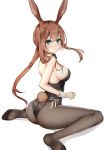  1girl amiya_(arknights) animal_ears arknights ass bangs bare_shoulders black_legwear blue_eyes blush breasts brown_hair bunny_tail bunnysuit commentary_request eyebrows_visible_through_hair from_behind hair_between_eyes highres kinyoubi_no_nangong_da large_breasts long_hair looking_at_viewer no_shoes pantyhose rabbit_ears simple_background sitting smile soles solo tail twintails white_background wrist_cuffs 
