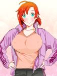  1girl 41_(taskmaster41) ahoge boudica_(fate/grand_order) breasts collarbone covered_nipples fate_(series) green_eyes hands_on_hips highres jacket large_breasts looking_at_viewer ponytail raised_eyebrows redhead short_hair smile solo 