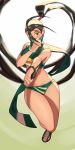  1girl alternate_costume antenna_hair bandana black_hair bra breasts brown_eyes commission covered_mouth face_mask full_body green_bra green_scarf green_shorts hair_tubes high_ponytail holding holding_weapon ibuki_(street_fighter) kunai legs_together long_hair mask medium_breasts midriff one_eye_closed reverse_grip scarf shoes short_shorts shorts sneakers solo sports_bra sportswear street_fighter street_fighter_v suwaiya underwear very_long_hair weapon 