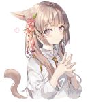  1girl animal_ears bangs blunt_bangs brown_eyes brown_hair cat_ears cat_tail commentary_request eyebrows_visible_through_hair facial_mark final_fantasy final_fantasy_xiv fingers_together flower hair_flower hair_ornament heart highres looking_at_viewer miqo&#039;te momoko_(momopoco) slit_pupils solo tail upper_body whisker_markings white_background 